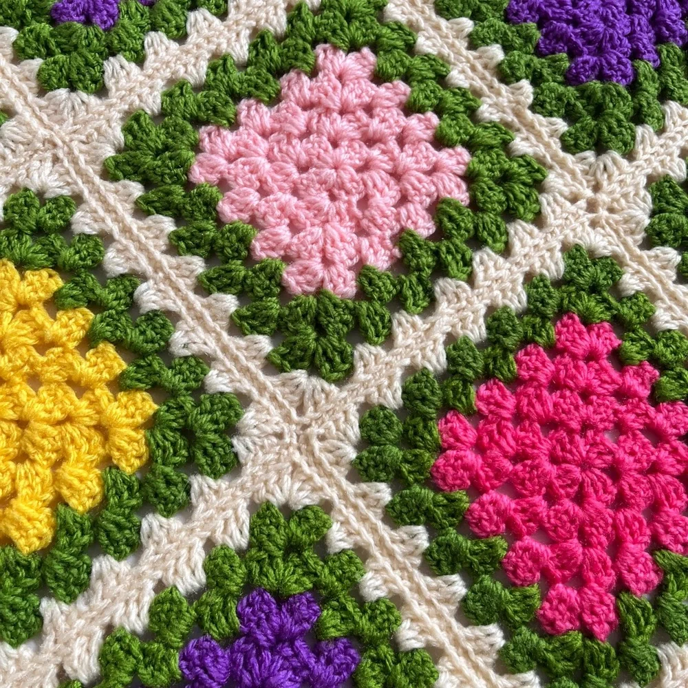 Handmade Crochet Green Multicolor Granny Square Afghan Throw Blanket